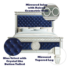 Varian Queen Bed - Blue Velvet, Mirrored & Silver