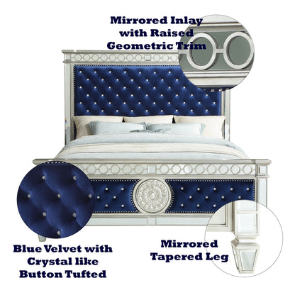 Varian Queen Bed - Blue Velvet, Mirrored & Silver