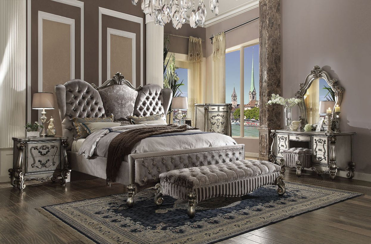 Versailles Queen Bed - Velvet & Antique Platinum