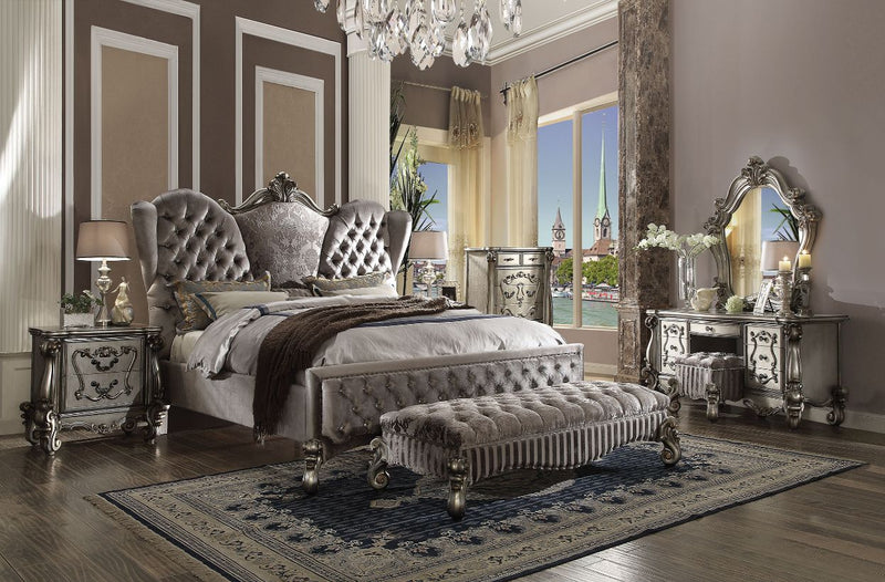 Versailles Queen Bed - Velvet & Antique Platinum