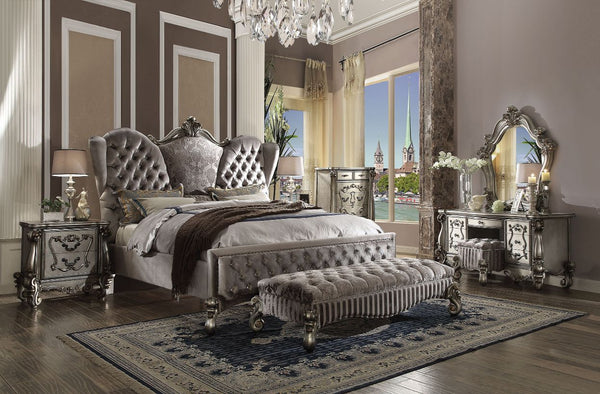 Versailles Queen Bed - Velvet & Antique Platinum