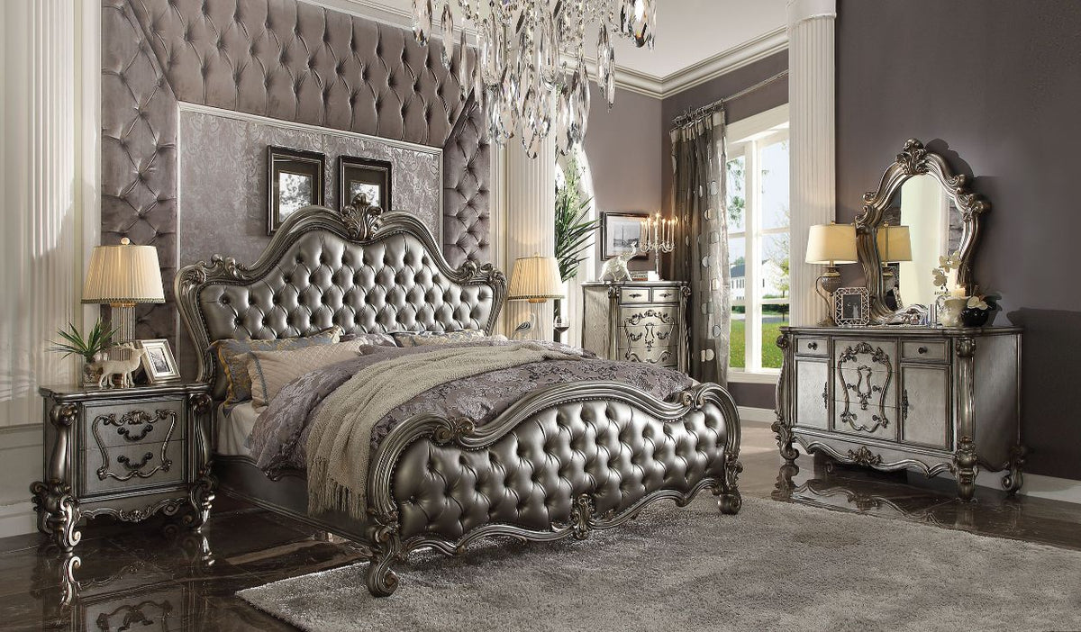 Versailles II Queen Bed - Silver Leatherette & Antique Platinum