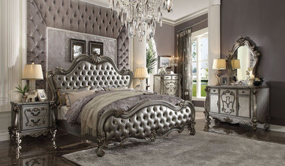 Versailles II Queen Bed - Silver Leatherette & Antique Platinum