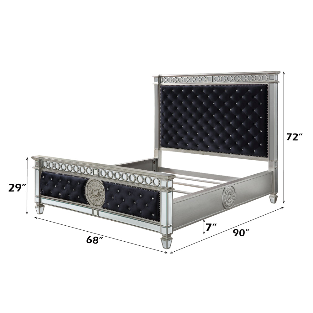 Varian Queen Bed - Dark Navy Velvet & Mirrored