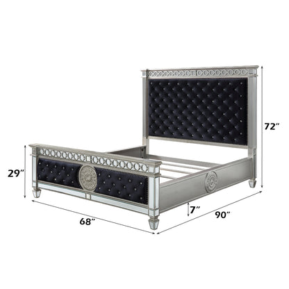 Varian Queen Bed - Dark Navy Velvet & Mirrored