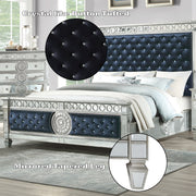 Varian Queen Bed - Dark Navy Velvet & Mirrored