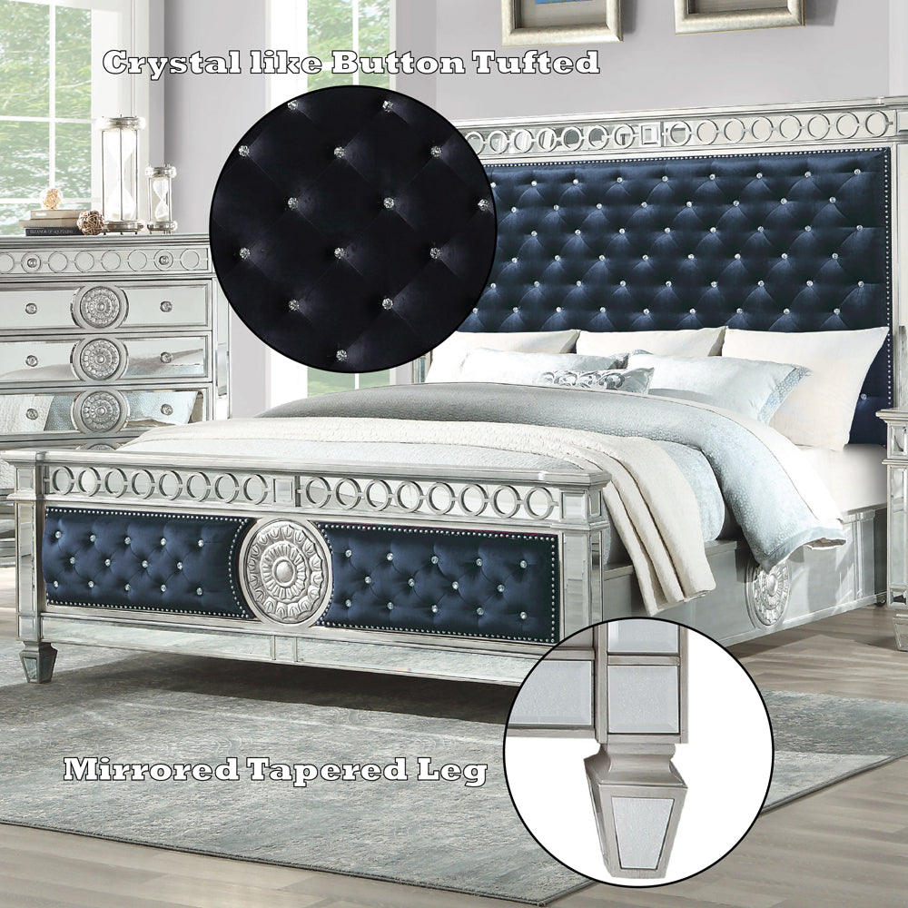 Varian Queen Bed - Dark Navy Velvet & Mirrored