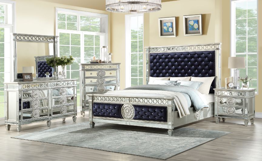 Varian Queen Bed - Dark Navy Velvet & Mirrored