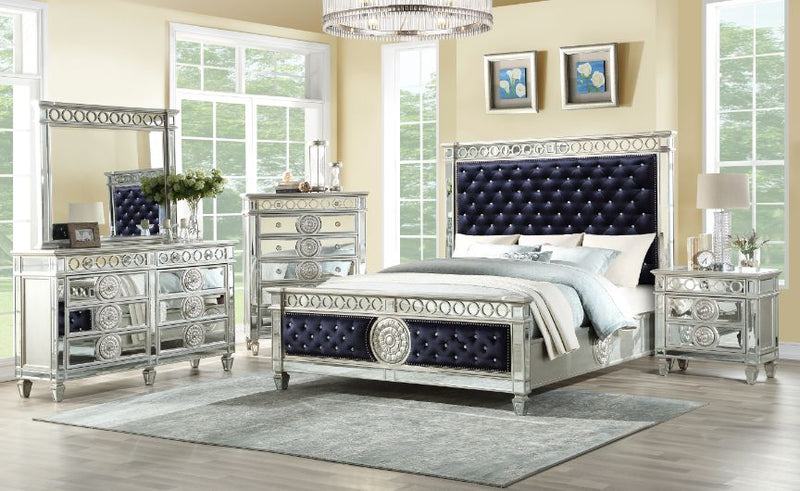 Varian Queen Bed - Dark Navy Velvet & Mirrored