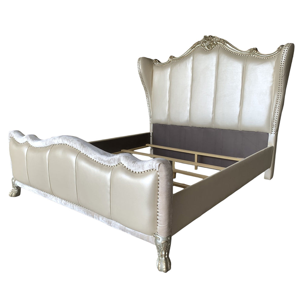 Dresden II California King Bed - Pearl White Leatherette & Gold Patina