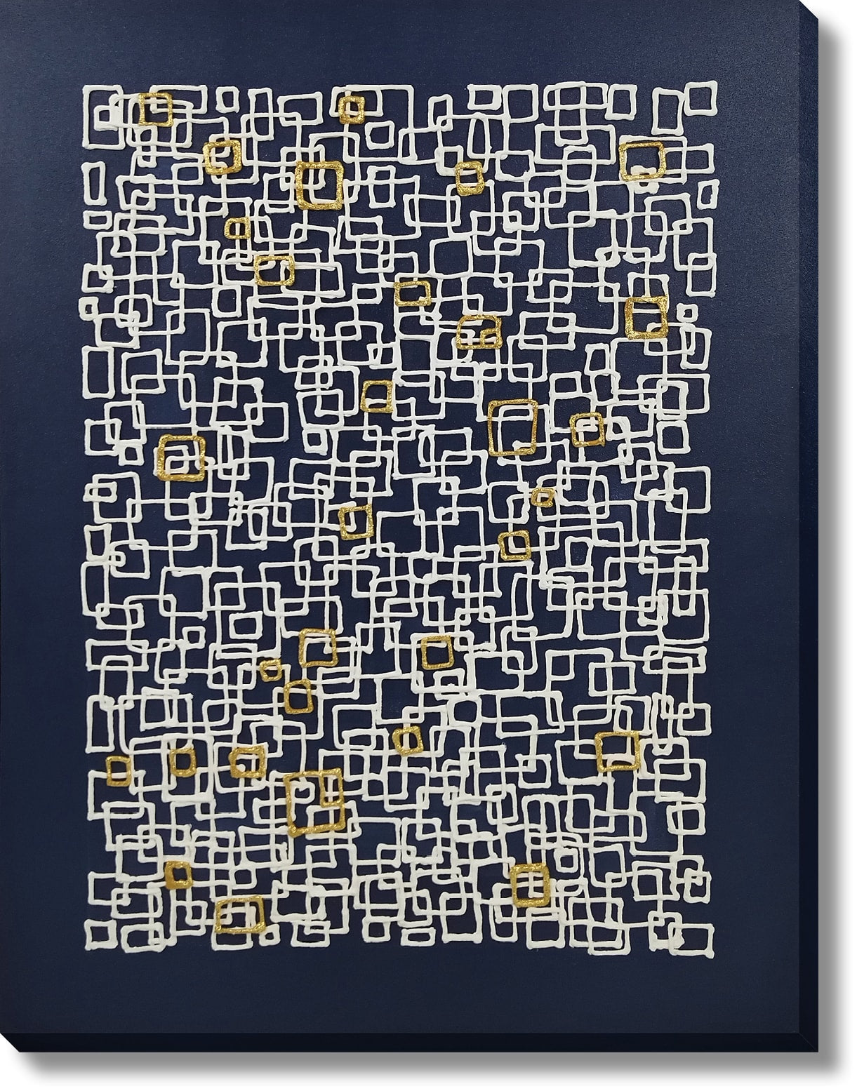 ''Midnight Gold Interlock Abstract'' Hand-painted Wrapped Canvas