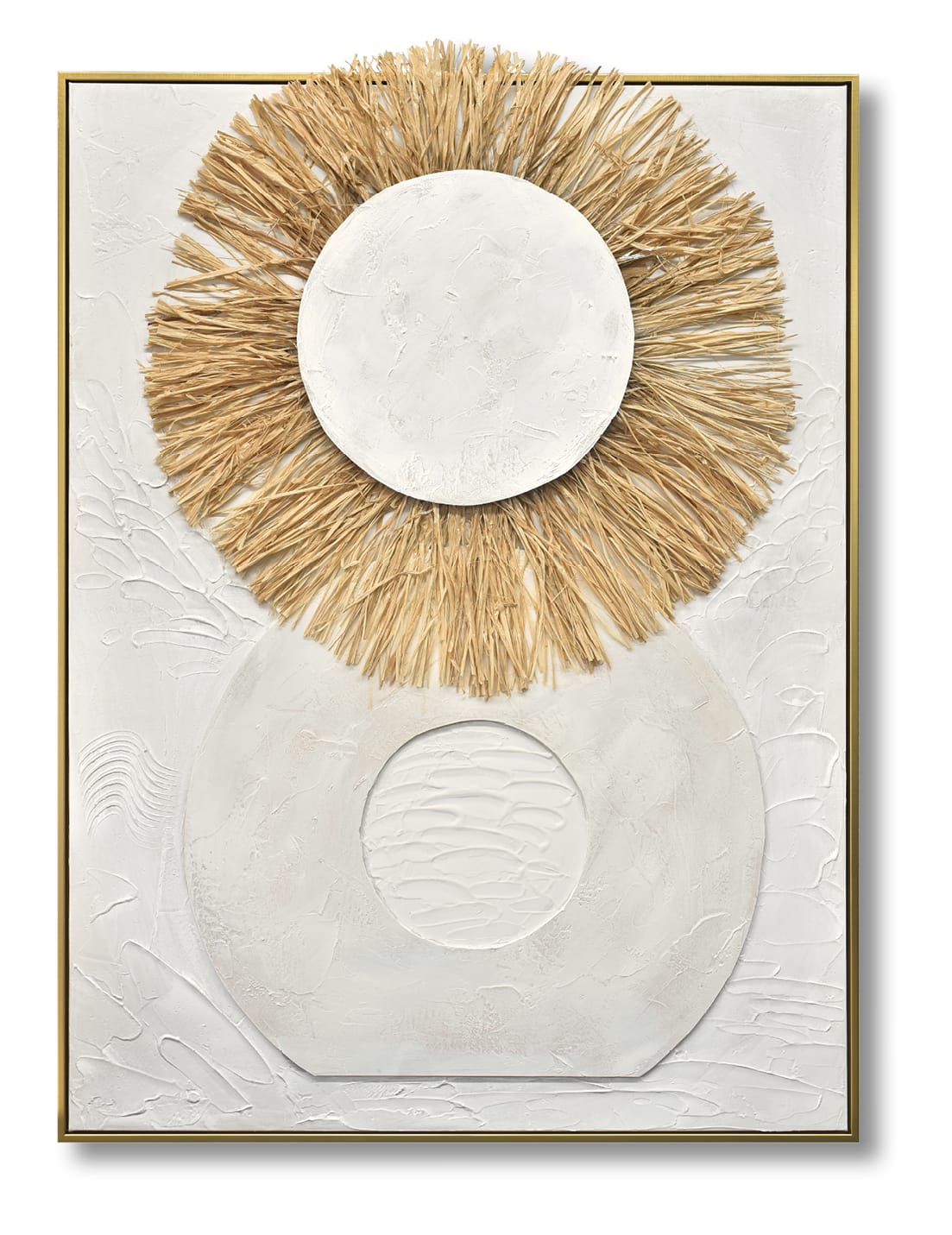 ''Radiant Sun & Earth Textured Modern Art'' Hand-painted 3D w/ Straw in Frame