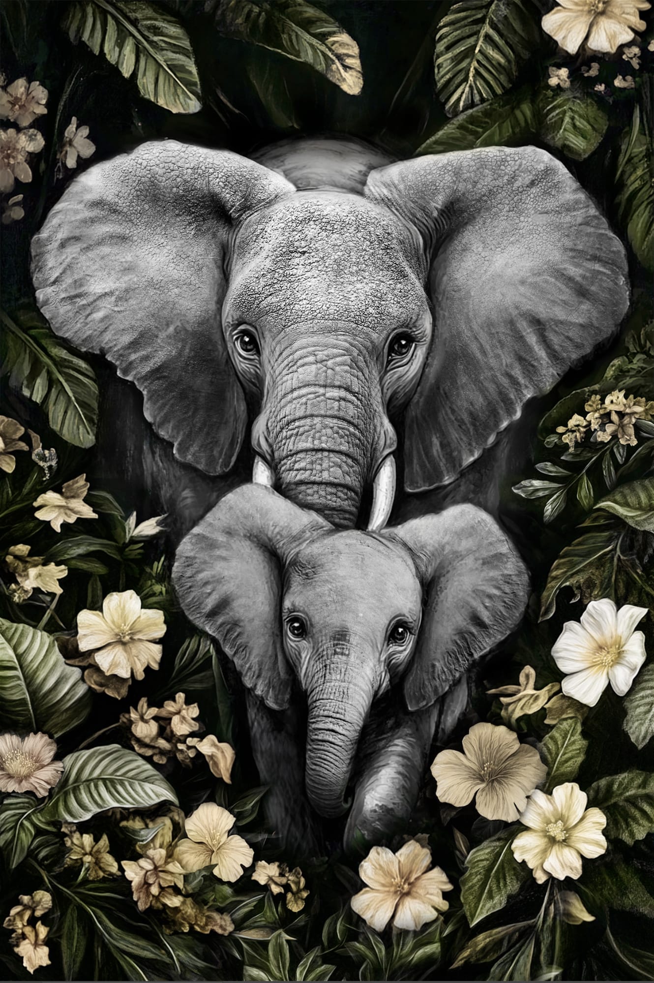 ''Elephant on Flowers'' Hand-painted Gloss Canvas