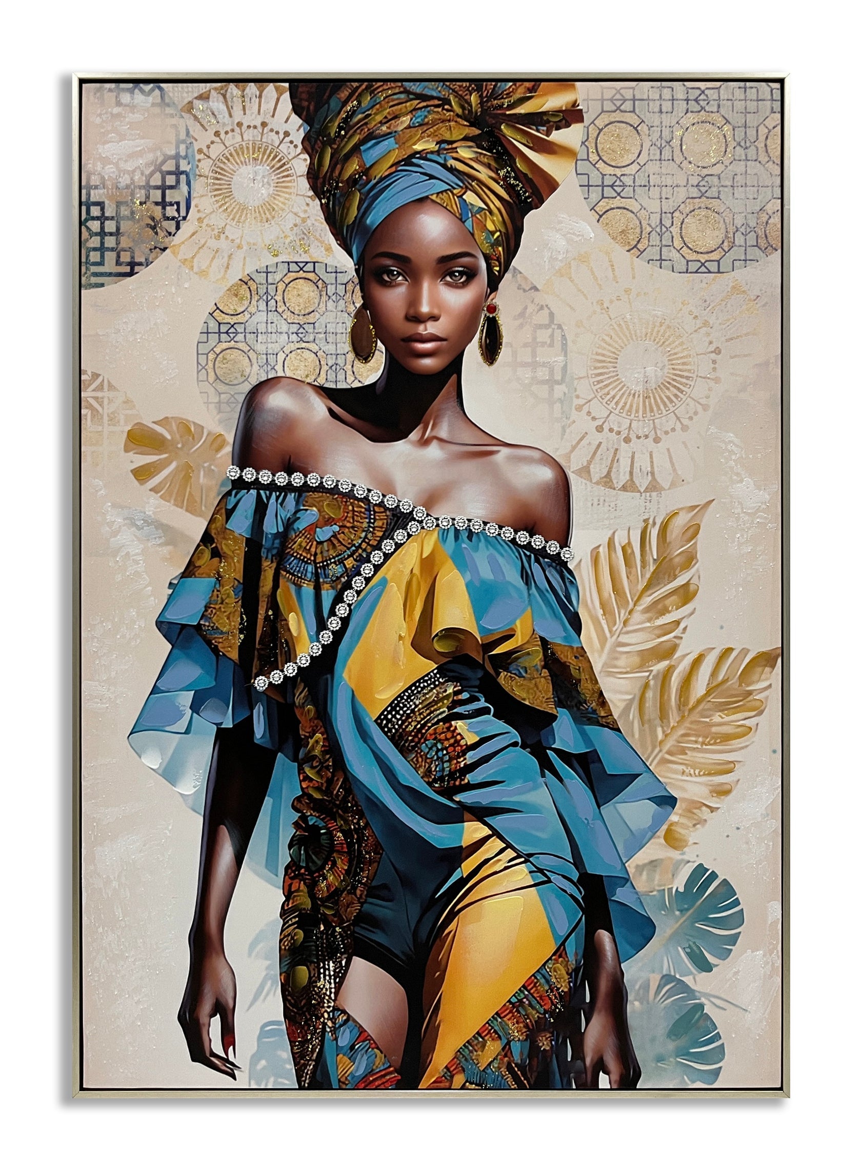 ''African Lady with Off the Shoulder'' Hand-painted Canvas in Frame