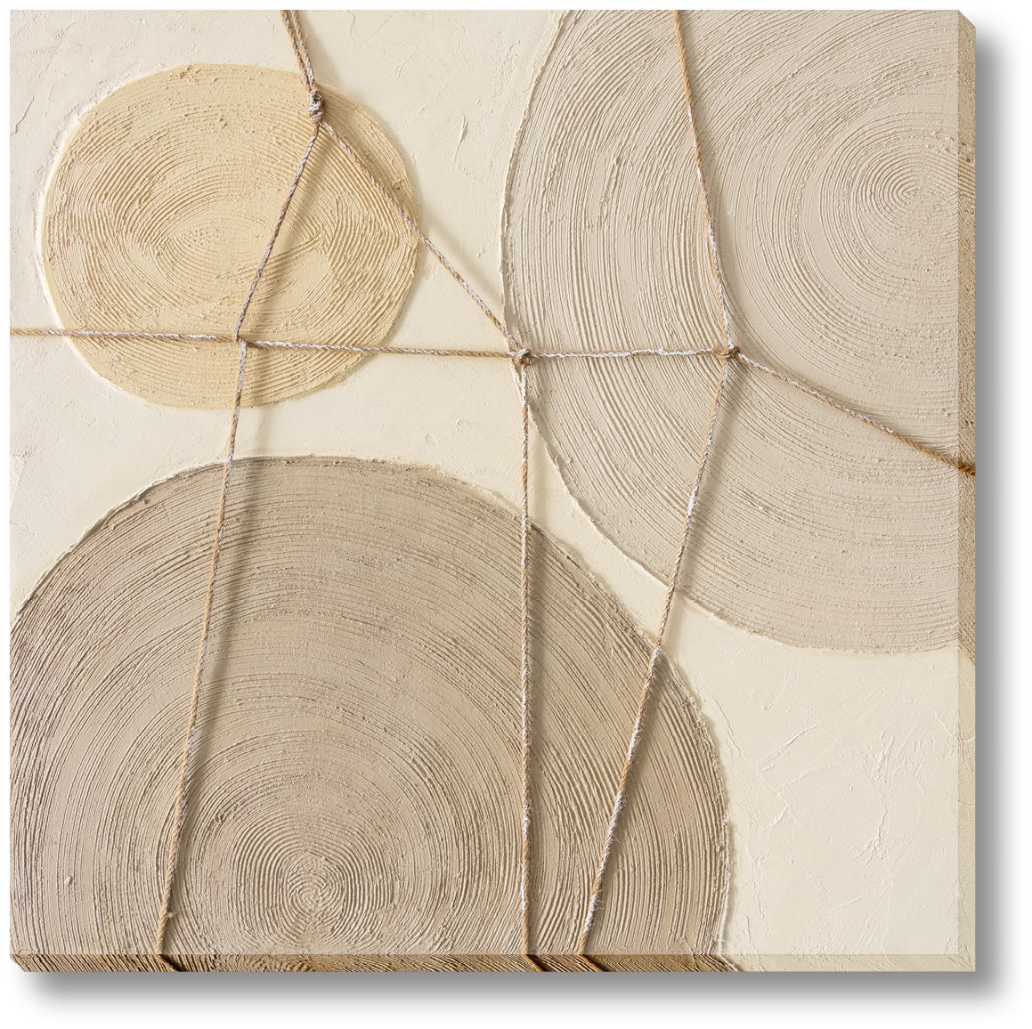 ''Tactile Neutrals: Textured Abstract Circles'' Hand-painted 3D Canvas