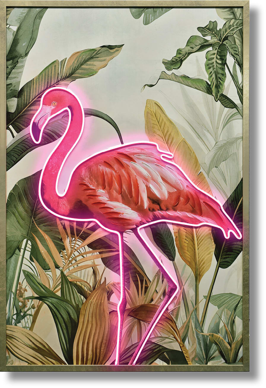 ''Neon Flamingo Tropical Artwork'' Hand-painted LED in Frame
