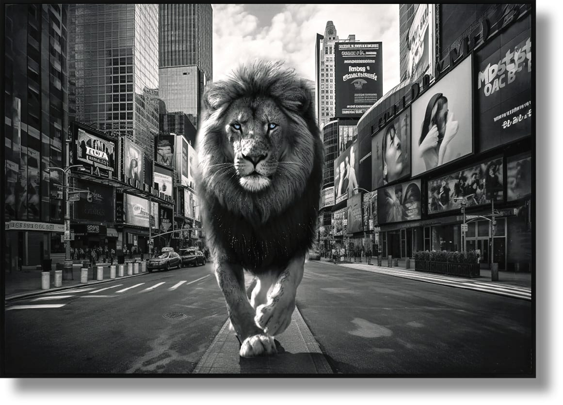 ''Majestic Lion in the Urban Jungle'' Gloss Canvas w/ Glitter in Frame