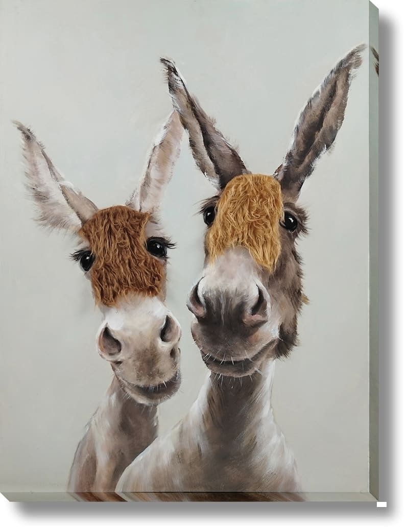 ''Cheeky Donkey Duo'' Hand-painted Canvas w/ Hair