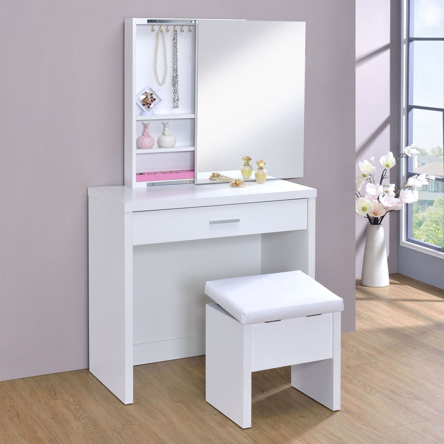 Tocador Harvey con taburete elevable blanco