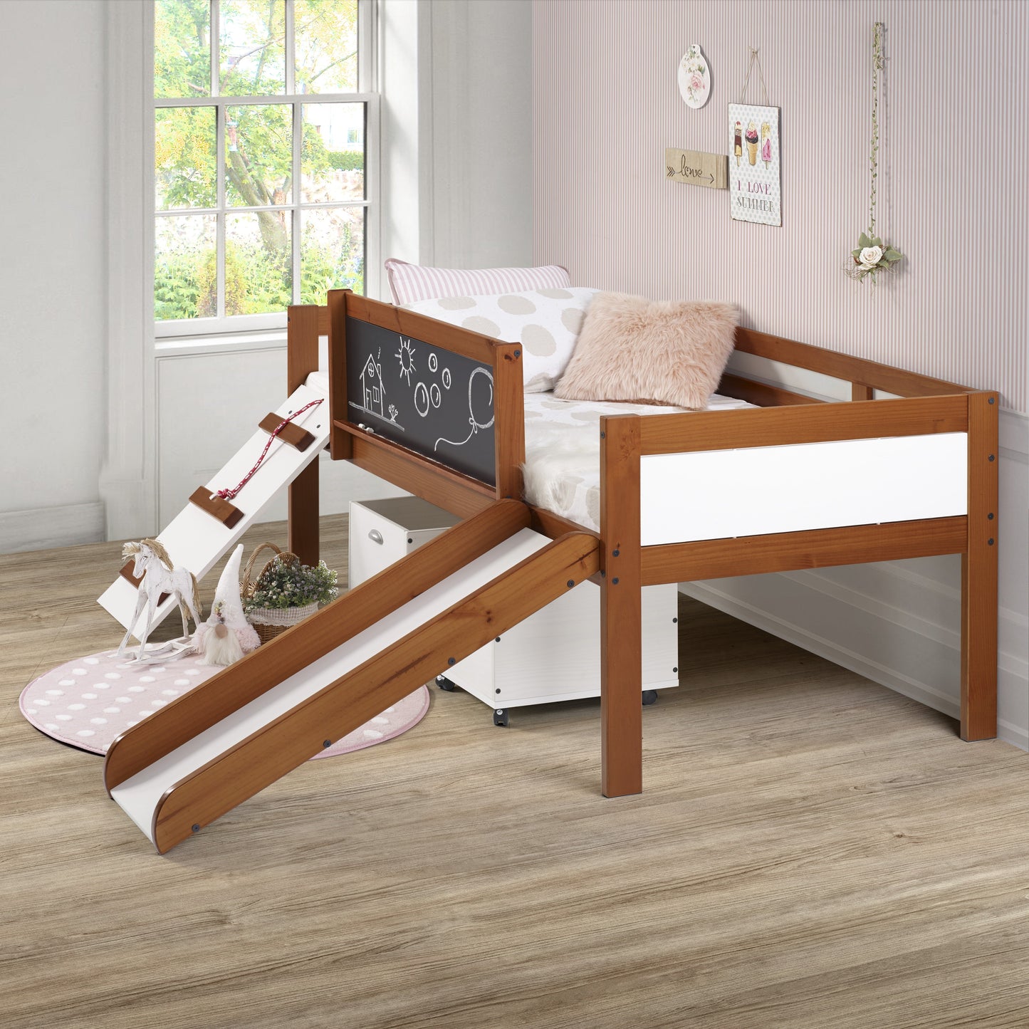 Art & Play Novelty Espresso Junior Low Loft Bed with Toy Boxes