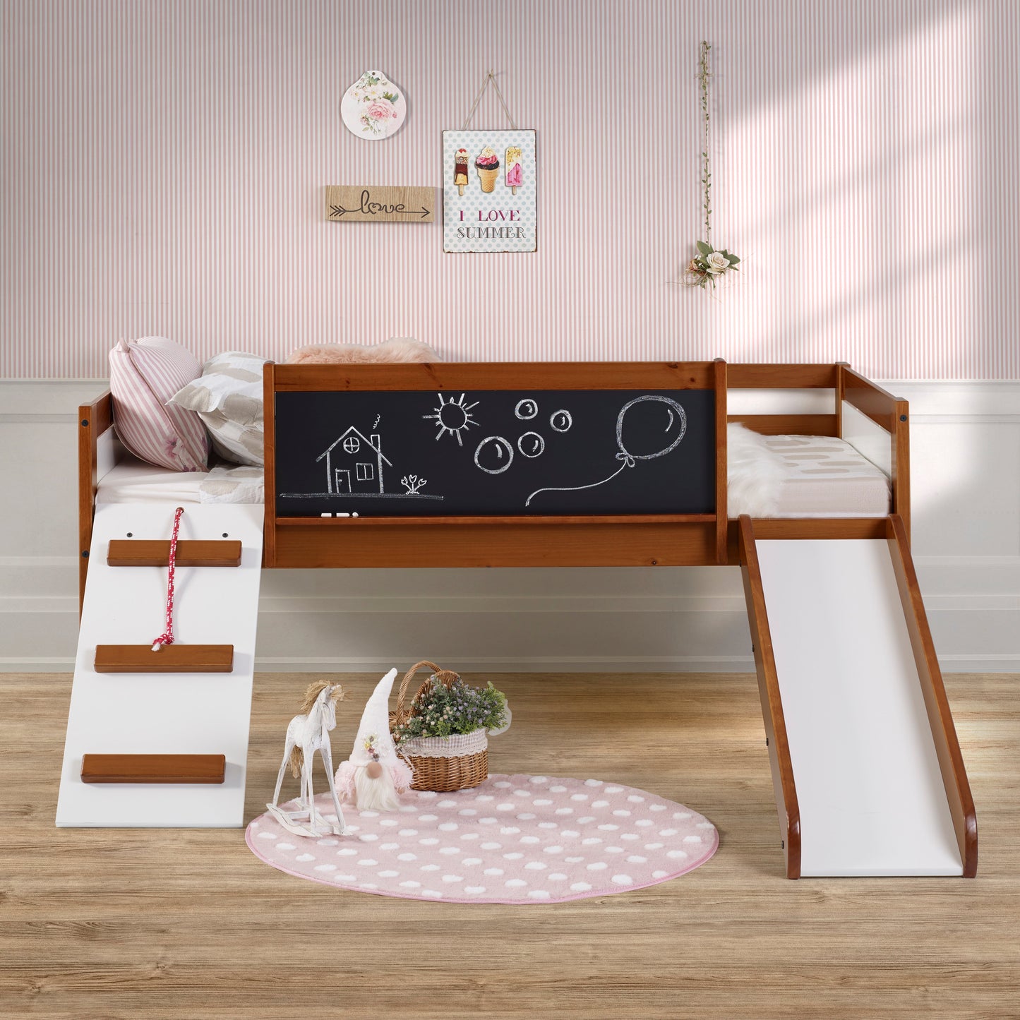 Twin Art Play Junior Low Loft con cajas de juguetes en acabado blanco lavado/gris oscuro + cama individual Junior Low Loft gratis