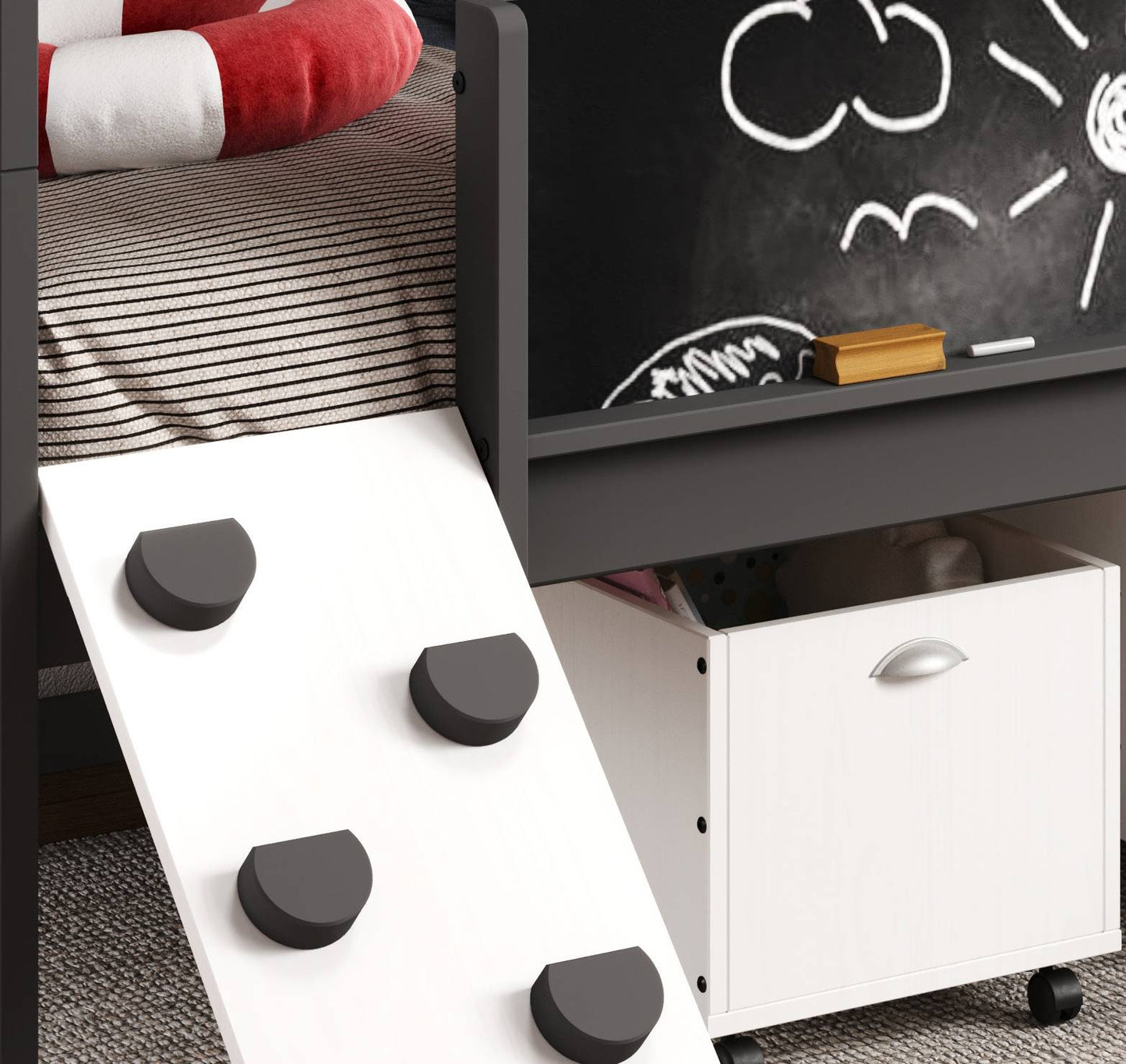 Art & Play Twin over Twin Bunkbed with Two Junior White Toy Boxes