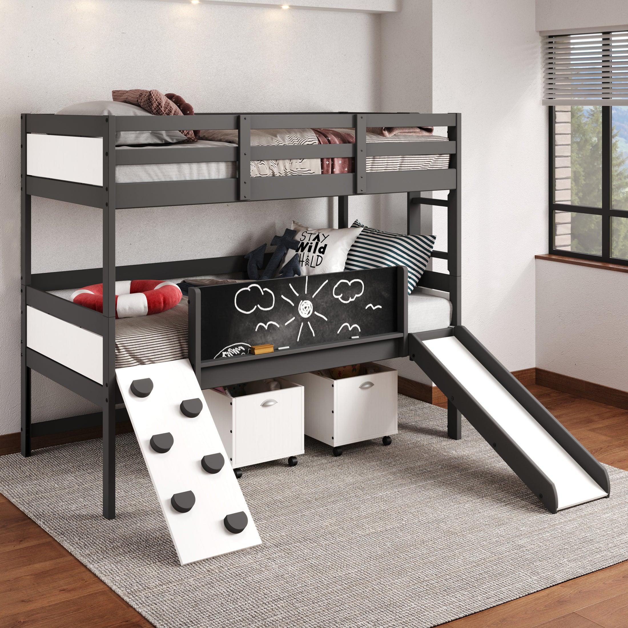Art & Play Twin over Twin Bunkbed with Two Junior White Toy Boxes