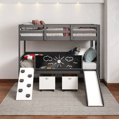 Art & Play Twin over Twin Bunkbed with Two Junior White Toy Boxes