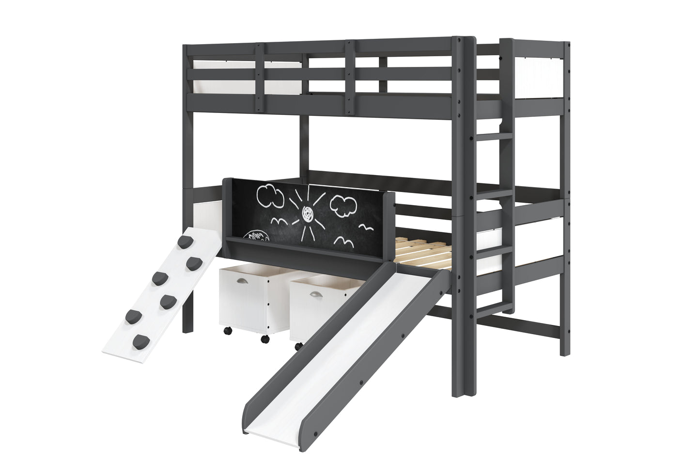 Art & Play Twin over Twin Bunkbed with Two Junior White Toy Boxes