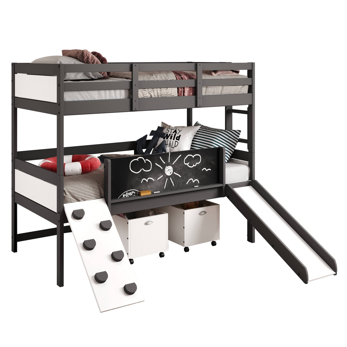 Art & Play Twin over Twin Bunkbed with Two Junior White Toy Boxes