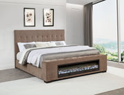 Cama Senna tapizada con visualizador de llamas y audio, color marrón