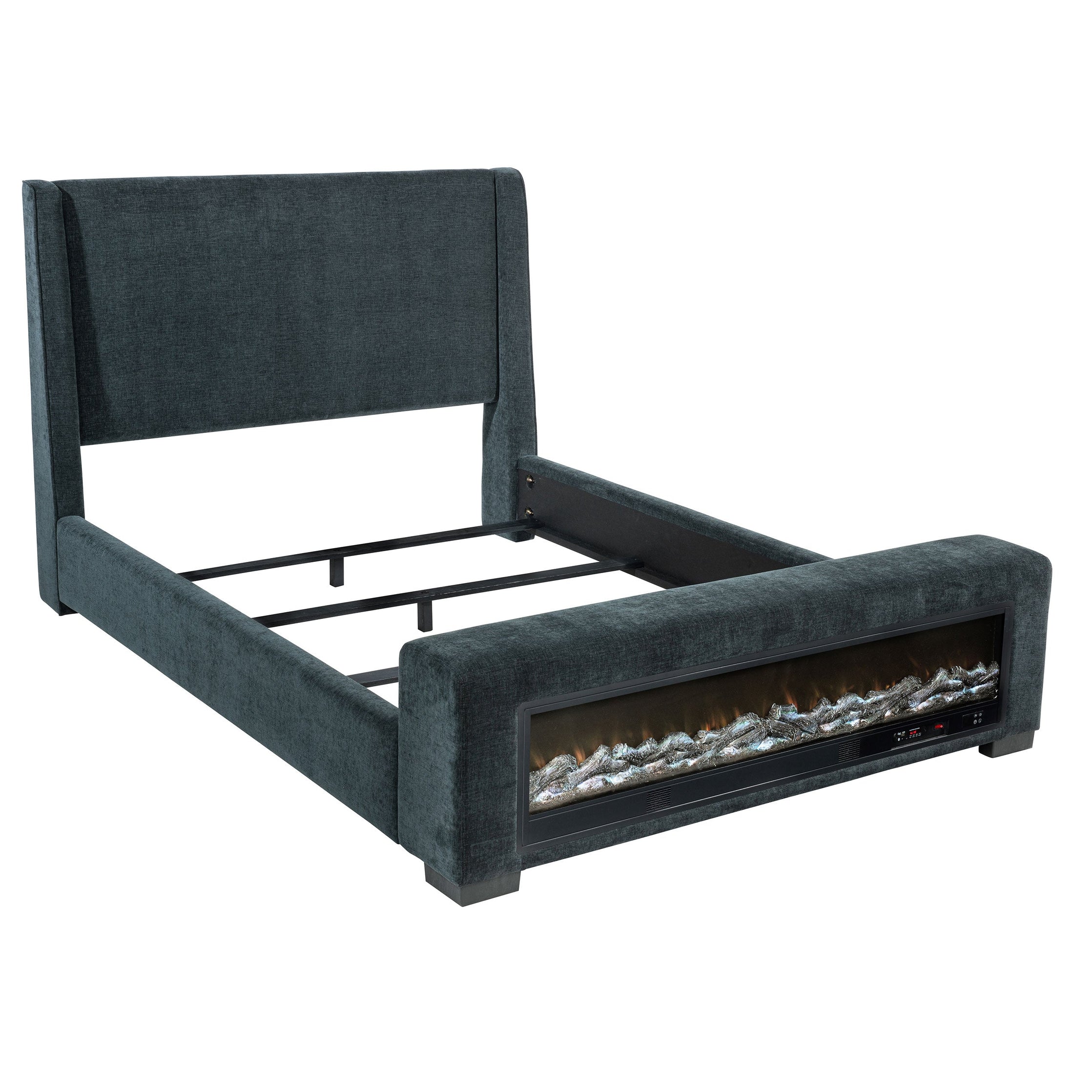 Cama Preston tapizada con visualizador de llamas y audio, color azul