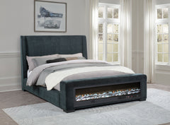 Cama Preston tapizada con visualizador de llamas y audio, color azul