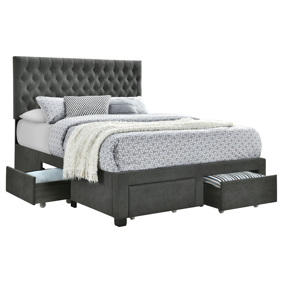 Cama tapizada con almacenaje Soledad gris claro