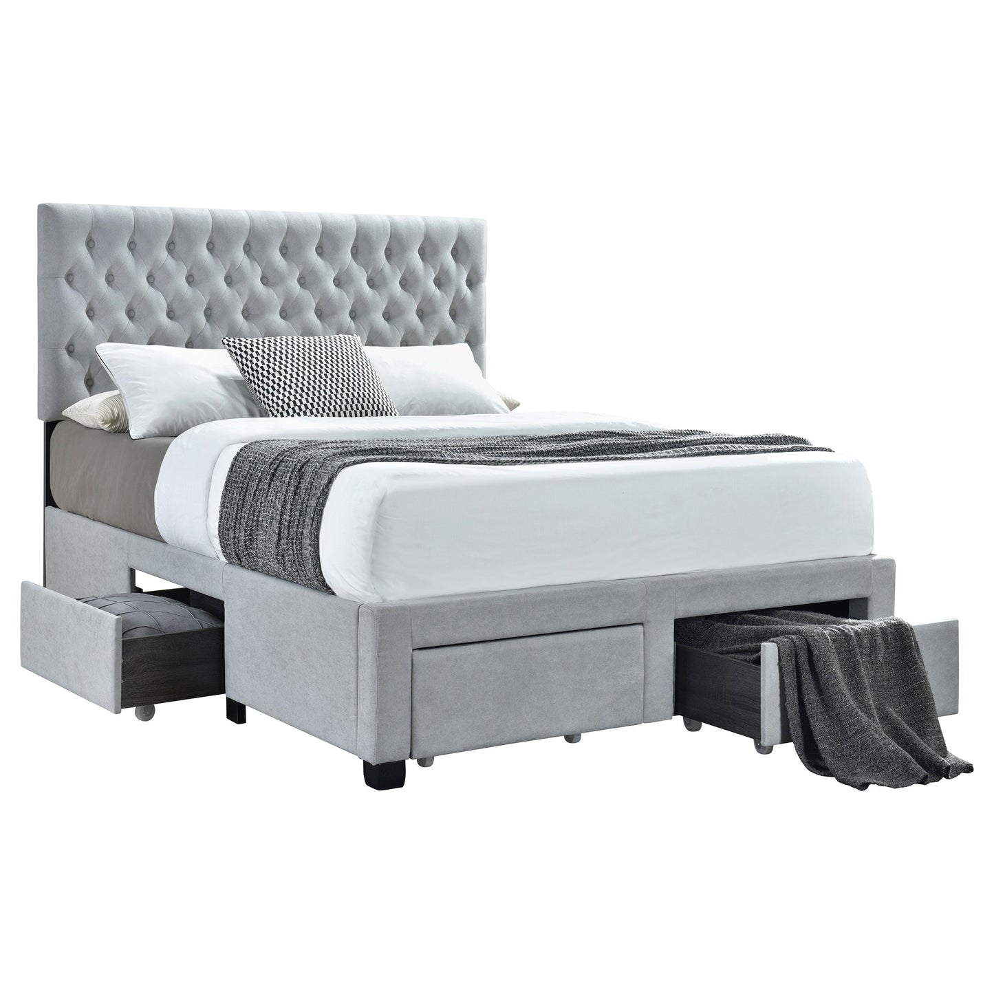 Cama tapizada con almacenaje Soledad gris claro