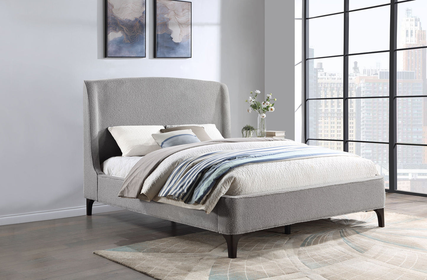 Cama Mosby tapizada con respaldo alto, color gris