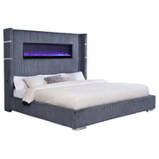 Cama Tisdall tapizada con visualizador de llamas