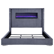 Cama Tisdall tapizada con visualizador de llamas
