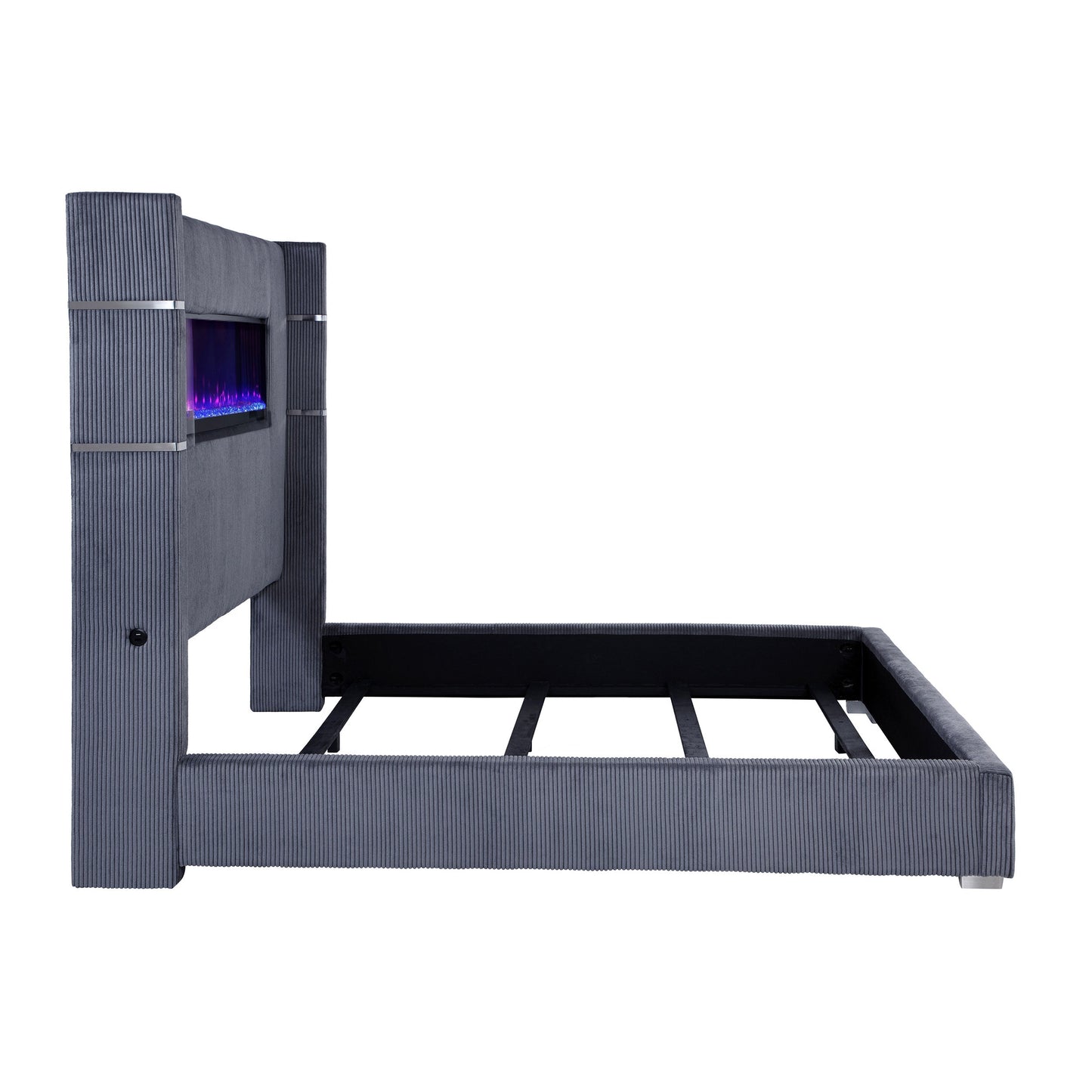 Cama Tisdall tapizada con visualizador de llamas