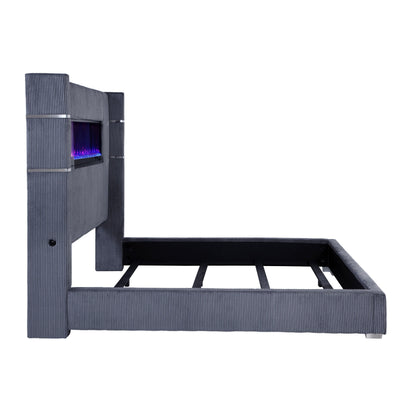 Cama Tisdall tapizada con visualizador de llamas