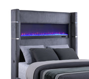 Cama Tisdall tapizada con visualizador de llamas
