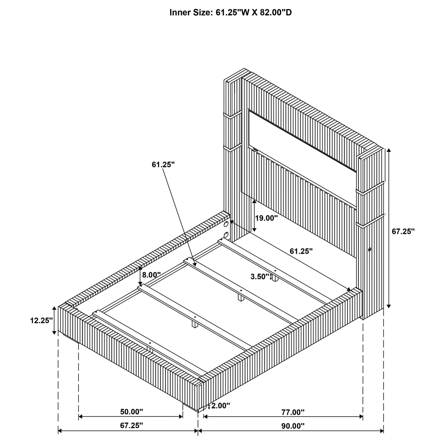 Cama Tisdall tapizada con visualizador de llamas