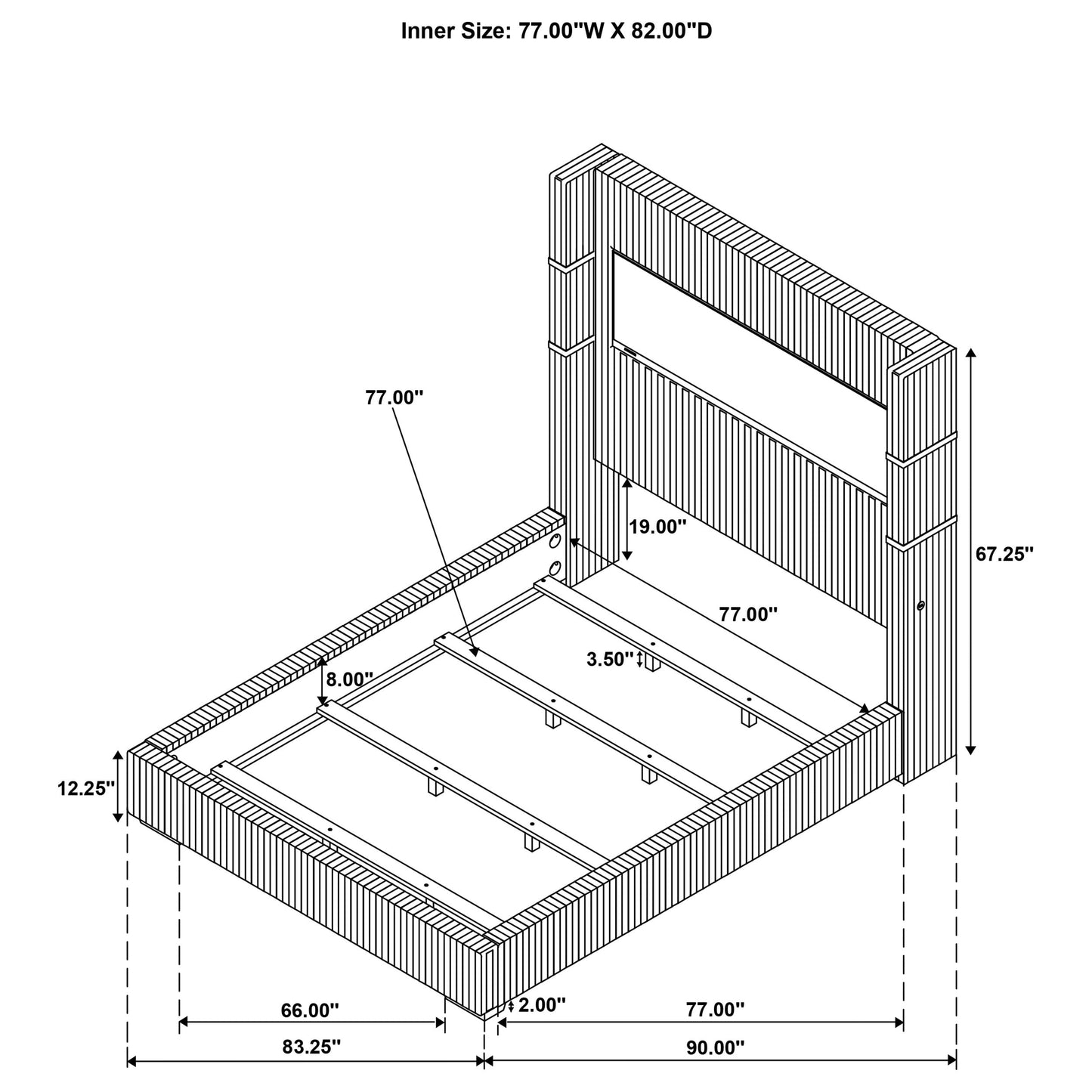 Cama Tisdall tapizada con visualizador de llamas