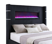 Cama Tisdall tapizada con visualizador de llamas