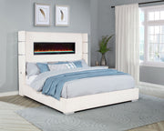 Cama Tisdall tapizada con visualizador de llamas