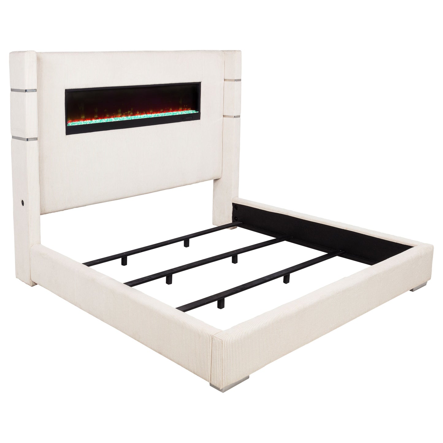 Cama Tisdall tapizada con visualizador de llamas