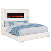 Cama Tisdall tapizada con visualizador de llamas