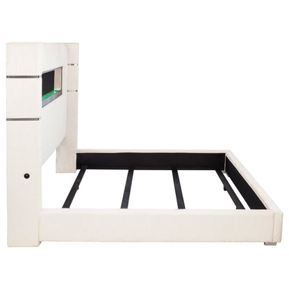 Cama Tisdall tapizada con visualizador de llamas