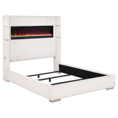Cama Tisdall tapizada con visualizador de llamas