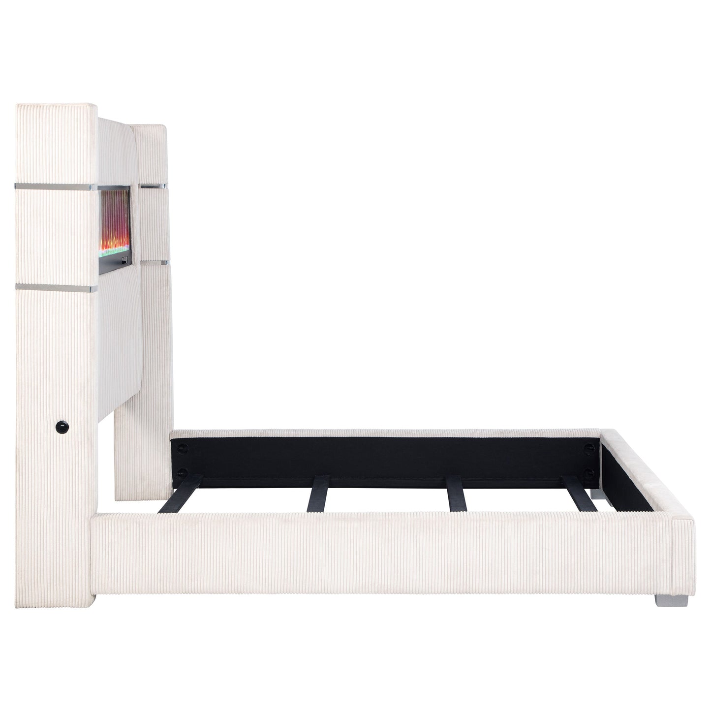 Cama Tisdall tapizada con visualizador de llamas